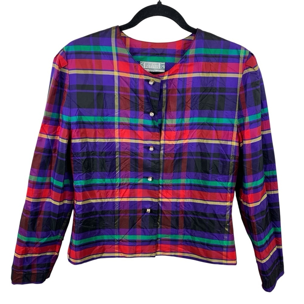 Vintage Braemar Jeremy Scott Plaid Blazer Petite Small Jeweled Buttons Taffeta